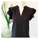 Black Flutter Sleeve High Low Hem Shift Dress with Pockets