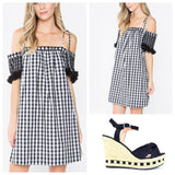 Black White Gingham Off the Shoulder with Straps Dress with Fringe Sleeve Hem
