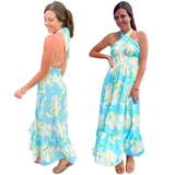 Aqua Hydrangea Print Smocked Hunter Halter Dress