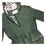 Olive Green Burberry-esque Utility Hooded Jacket with Plaid Lining & Toggle Waist Cinch