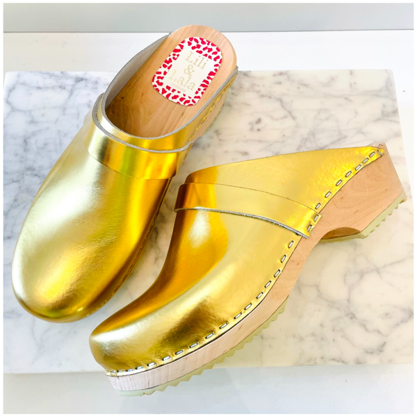 Gold Leather Malmo Clog with Gold Strap Wooden Heel with Rubber