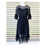 Black Mesh Dots Smocked Waist Tiered Ruffle Hem Midi Dress