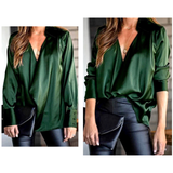 Emerald Green Satin V-Neck Blouse with Mandarin Collar