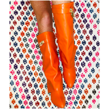 Orange Leather 3” Hidden Wedge Heel Piper Boots with Gold Buckle Detail