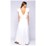 White Linen Triple Cascading Ruffle Maxi Dress