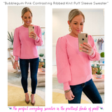 Bubblegum Pink OR Black Contrasting Ribbed Knit Puff Sleeve Sweater