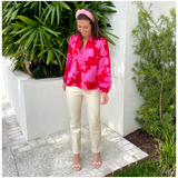 Pink & Red Satin Jovie Blouse with Optional Top Button Closure