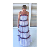 Red White & Navy Blue Stripe Tiered Maxi Dress with Tassels & RicRac Trim