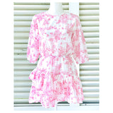 White & Coral Chinoiserie Print 3/4 Puff Sleeve Dress with Asymmetrical Ruffle Hem