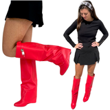 Red Leather 3” Hidden Wedge Heel Piper Boots with Buckle Detail