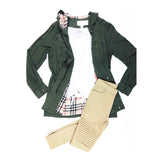 Olive Green Burberry-esque Utility Hooded Jacket with Plaid Lining & Toggle Waist Cinch