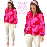 Pink & Red Satin Jovie Blouse with Optional Top Button Closure