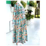 Aqua & Orange Block Print Dahlia Caftan Dress