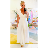 White Linen Triple Cascading Ruffle Maxi Dress