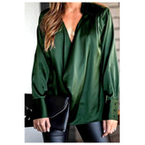 Emerald Green Satin V-Neck Blouse with Mandarin Collar