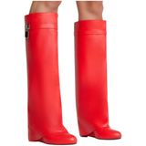 Red Leather 3” Hidden Wedge Heel Piper Boots with Buckle Detail