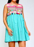 Aqua Embroidered Babydoll Dress with Tassel Detail