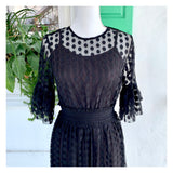 Black Mesh Dots Smocked Waist Tiered Ruffle Hem Midi Dress