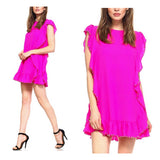 Barbie Pink Cascading Ruffle Textured Shift Dress with Round GUNMETAL Appliqué Trim & Keyhole Back