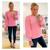 Bubblegum Pink OR Black Contrasting Ribbed Knit Puff Sleeve Sweater