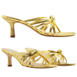 Metallic Gold Leather Crisscross Mercedes Heels, Made in Spain