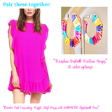 Barbie Pink Cascading Ruffle Textured Shift Dress with Round GUNMETAL Appliqué Trim & Keyhole Back