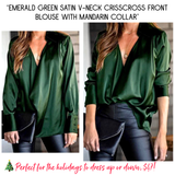 Emerald Green Satin V-Neck Blouse with Mandarin Collar