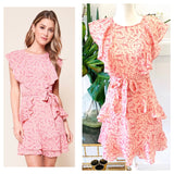 Pink on Pink Woven Floral A-Line Dress with Cascading Ruffles & Belt Sash