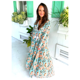 Aqua & Orange Block Print Dahlia Caftan Dress