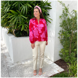 Pink & Red Satin Jovie Blouse with Optional Top Button Closure
