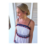 Red White & Navy Blue Stripe Tiered Maxi Dress with Tassels & RicRac Trim