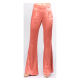 Mandarin Satin High Waisted Flare Leg Side Zip Pants with Banded Waist