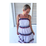 Red White & Navy Blue Stripe Tiered Maxi Dress with Tassels & RicRac Trim