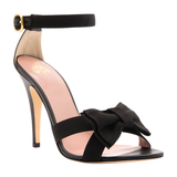 Black Napa Leather Greta Heels with Grosgrain Ribbon  Bow & ankle Strap, Handmade in Italy