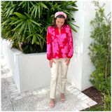 Pink & Red Satin Jovie Blouse with Optional Top Button Closure