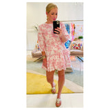 White & Coral Chinoiserie Print 3/4 Puff Sleeve Dress with Asymmetrical Ruffle Hem