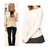 Beige Ribbed Knit Round Neck Sweater with Banded Sleeves & Hem