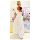 White Linen Triple Cascading Ruffle Maxi Dress