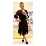 Black Mesh Dots Smocked Waist Tiered Ruffle Hem Midi Dress