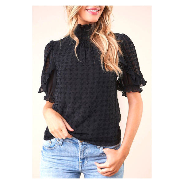 Black Smocked Mock Neck Ruffle Sleeve Embroidered Chiffon