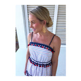 Red White & Navy Blue Stripe Tiered Maxi Dress with Tassels & RicRac Trim