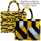 Hand Woven Silk Ikat Golden Tiger & Black & Gold Geo Totes