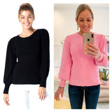 Bubblegum Pink OR Black Contrasting Ribbed Knit Puff Sleeve Sweater
