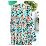 Aqua & Orange Block Print Dahlia Caftan Dress