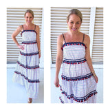 Red White & Navy Blue Stripe Tiered Maxi Dress with Tassels & RicRac Trim