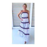 Red White & Navy Blue Stripe Tiered Maxi Dress with Tassels & RicRac Trim