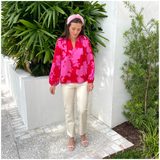 Pink & Red Satin Jovie Blouse with Optional Top Button Closure