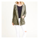 Olive Green Burberry-esque Utility Hooded Jacket with Plaid Lining & Toggle Waist Cinch