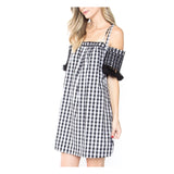 Black White Gingham Off the Shoulder with Straps Dress with Fringe Sleeve Hem
