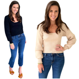 Beige or Black Square Neck Knit Lola Sweater with Diamond Pattern Bust Contrast